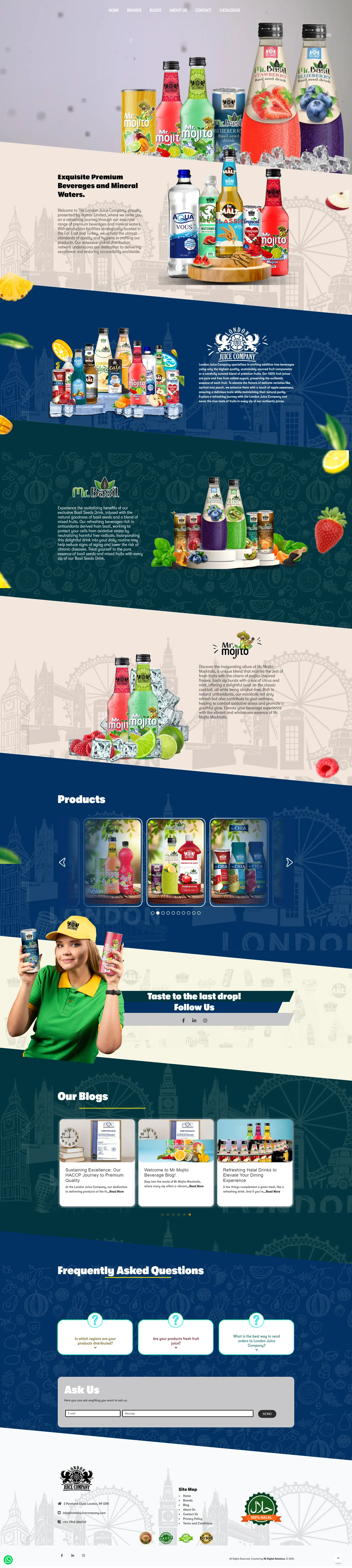 London Juice Company website featuring premium beverages and mineral waters.